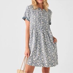 Faherty Floral Print Short Sleeve Tunic Dress Blue White Size‎ M